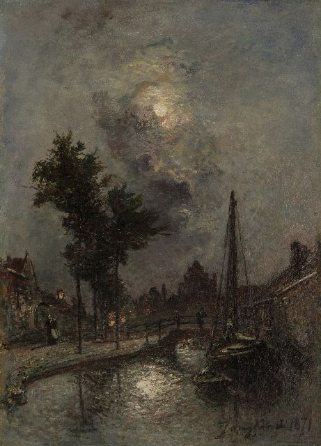 Johan Barthold Jongkind | Bruggetje bij maanlicht, Dordrecht, olieverf op doek, 46,2 x 33,6 cm, gesigneerd r.o. en gedateerd 1871