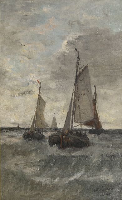 Hendrik Willem Mesdag | Terugkerende vissersschepen, Scheveningen, olieverf op doek, 78,1 x 48,1 cm, gesigneerd r.o.