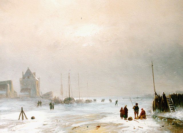 Charles Leickert | Bedrijvigheid op een besneeuwde ijsvloer, olieverf op paneel, 23,7 x 31,8 cm, gesigneerd l.o.