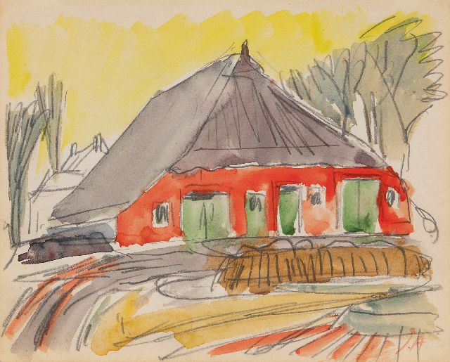 Altink J.  | Rode boerderij, Groningen, zwart krijt en aquarel op papier 16,6 x 20,7 cm, gesigneerd r.o. met initialen