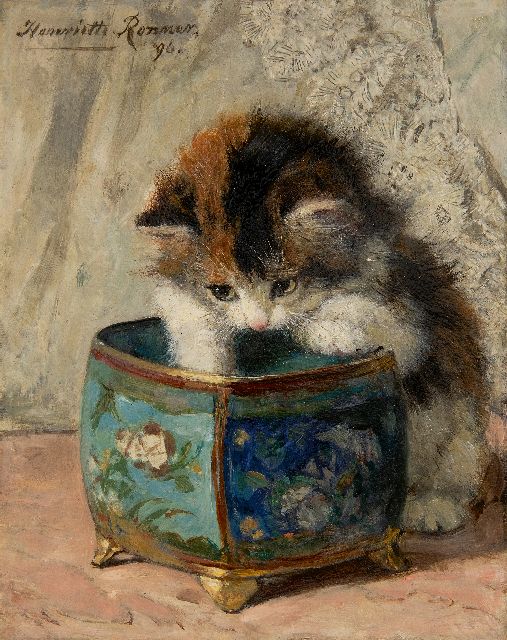 Henriette Ronner-Knip | Kitten spelend met een sierpot, olieverf op paneel, 20,0 x 16,0 cm, gesigneerd l.b. en gedateerd '96