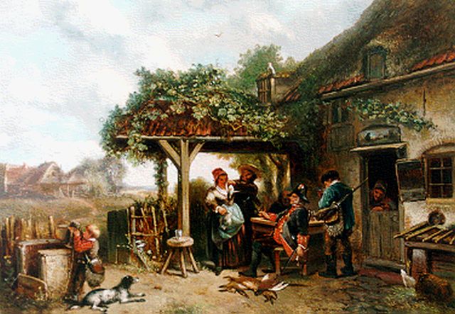 Mari ten Kate | Bij de herberg, olieverf op paneel, 52,8 x 73,5 cm, gesigneerd l.o.
