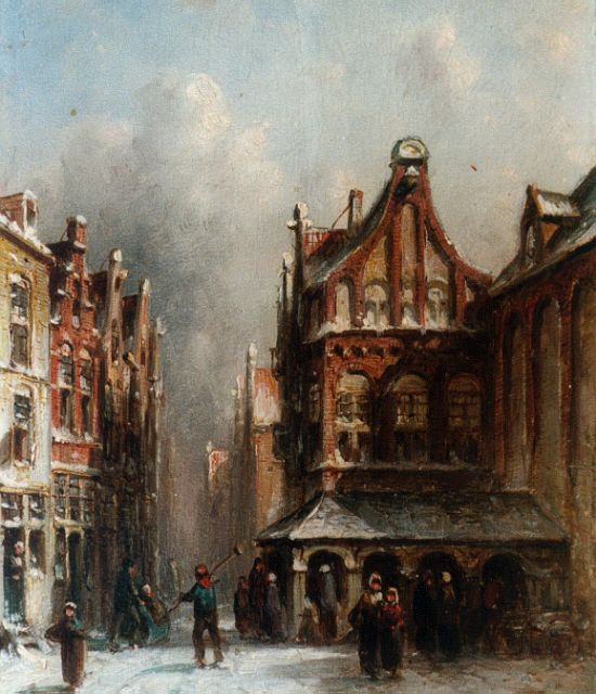 Petrus Gerardus Vertin | Figuren bij aanleunwoningen van de kerk bij winter, olieverf op paneel, 19,4 x 15,4 cm, gesigneerd r.o. en gedateerd '76