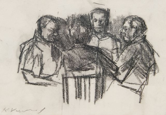 Kees Verwey | Kaartende mannen, zwart krijt op papier, 16,8 x 24,2 cm, gesigneerd l.o.