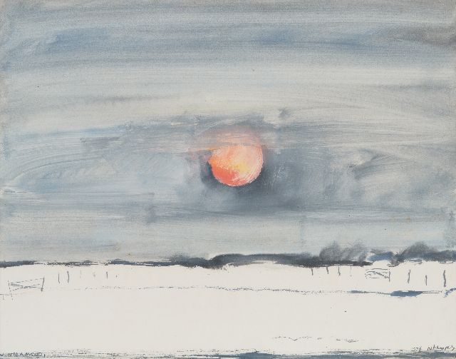 Hollandse School, 20e eeuw | Winteravond Muiderberg, inkt, krijt en aquarel op papier, 50,0 x 63,3 cm, gesigneerd r.o. en gedateerd 1976