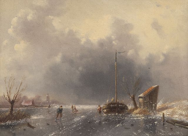 Charles Leickert | Schaatsers bij een naderende sneeuwstorm 'Wintertje', olieverf op paneel, 18,6 x 25,8 cm, gesigneerd r.o.