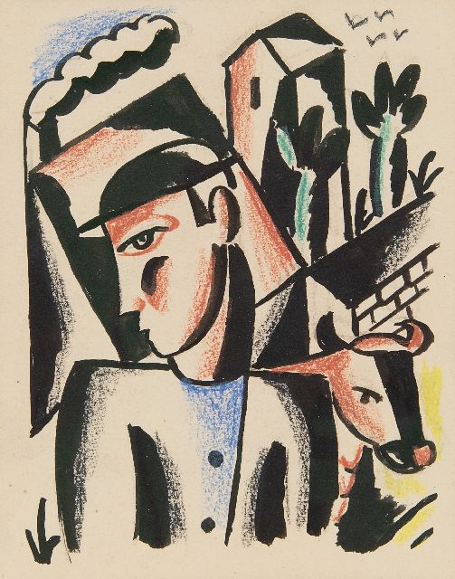 Raoul Hynckes | Boer met koe, inkt en krijt op papier, 15,3 x 12,3 cm