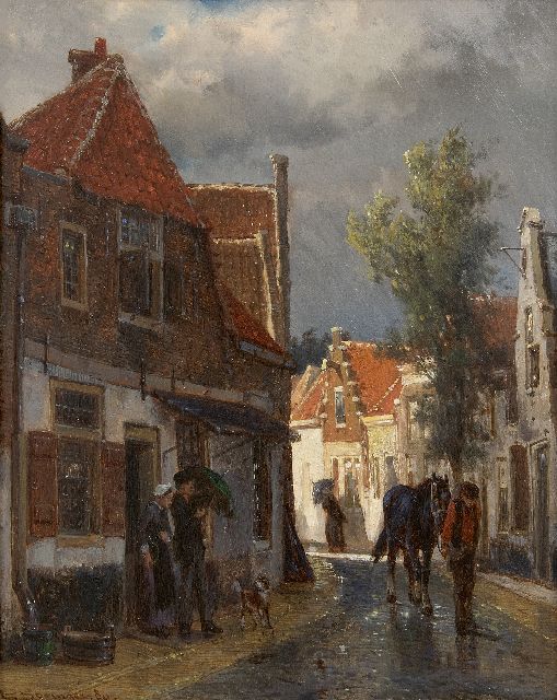 Cornelis Springer | Regenachtig straatje in Oudewater, olieverf op paneel, 25,2 x 19,9 cm, gesigneerd l.o. en gedateerd '80
