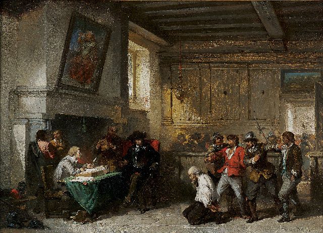 Herman ten Kate | Voor de strafrechter, olieverf op paneel, 32,8 x 44,9 cm, gesigneerd r.o. en gedateerd 1854