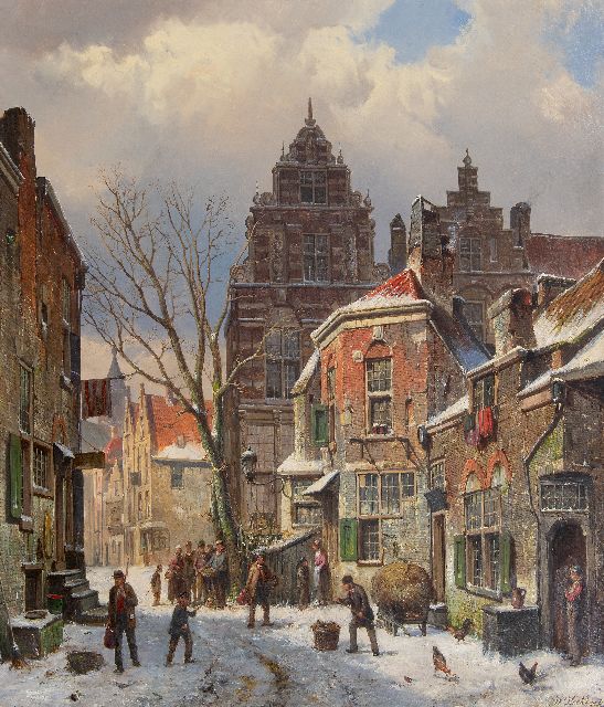 Willem Koekkoek | Bedrijvig straatje in de sneeuw, olieverf op doek, 70,0 x 59,8 cm, gesigneerd r.o.