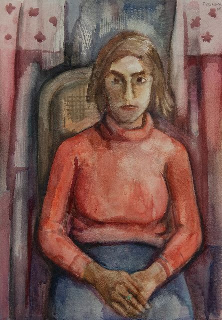 Piet Wiegman | Zittende vrouw in  rode trui, aquarel op papier, 100,0 x 68,8 cm, gesigneerd r.b. en gedateerd 1936