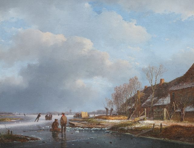 Andreas Schelfhout | Bevroren rivier met vissers, schaatsers en een koek-en-zopietent, olieverf op paneel, 40,4 x 51,3 cm, gesigneerd r.o. en te dateren ca. 1830