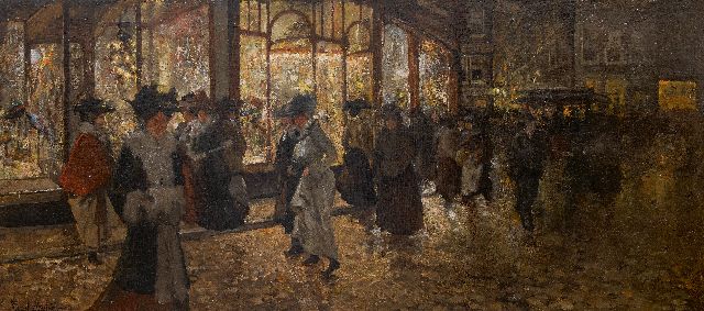 Frans Helfferich | Avondwinkelen in Den Haag, olieverf op doek, 70,6 x 156,4 cm, gesigneerd l.o.