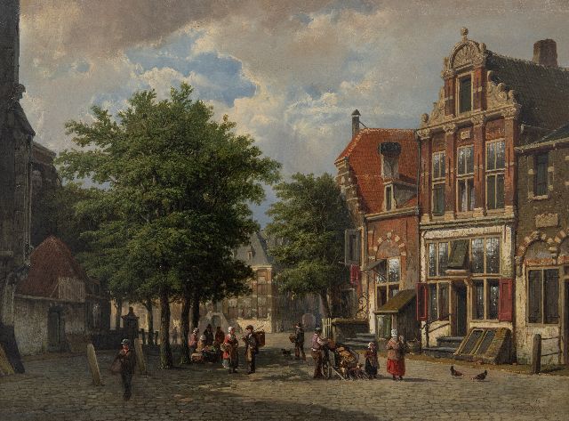 Willem Koekkoek | Zomers stadsgezicht met figuren bij een kerk, olieverf op doek, 39,5 x 54,0 cm, gesigneerd r.o.