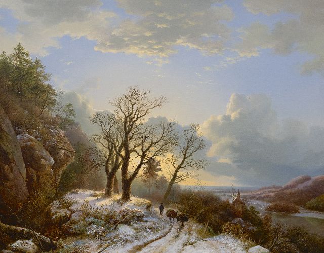 Barend Cornelis Koekkoek | Winterse riviervallei met reiziger en vee, olieverf op doek, 82,5 x 105,0 cm, gesigneerd l.o. en gedateerd 1834  verkocht