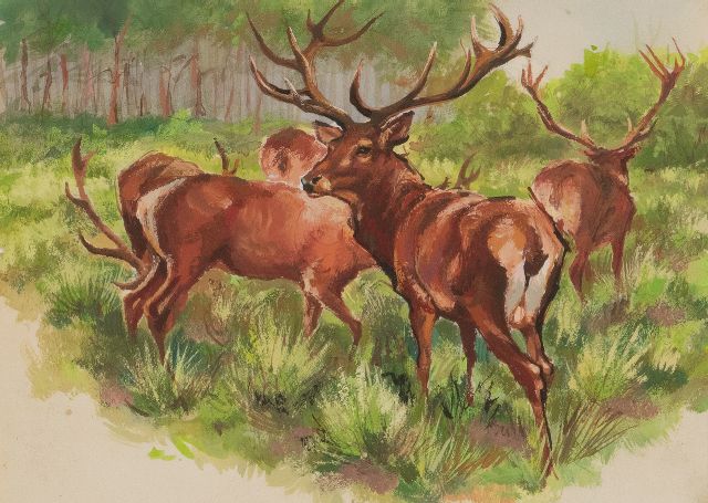 Poortvliet R.  | Edelherten uit het bos, in de avond, Hoge Veluwe, gouache op papier 13,5 x 18,0 cm