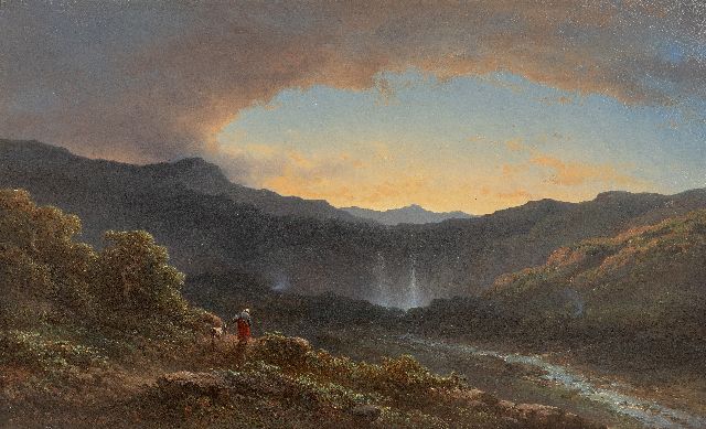 Hilverdink J.  | Gouden zonsondergang bij een waterval, olieverf op paneel 33,7 x 55,3 cm, gesigneerd l.o. en gedateerd 1874, zonder lijst