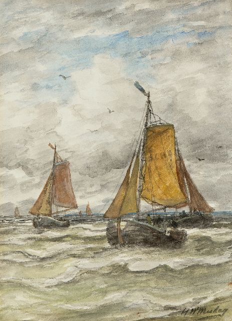 Hendrik Willem Mesdag | Terugkerende vissersvloot, Scheveningen, houtskool en aquarel op papier, 38,0 x 27,4 cm, gesigneerd r.o.