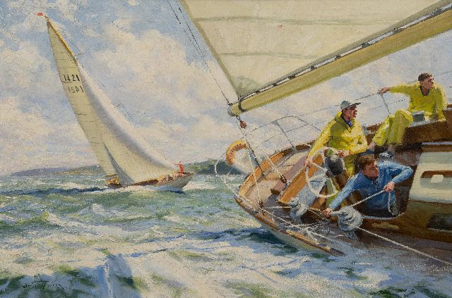 Foster D.  | Op koers richting de haven, olieverf op doek op schildersboard 60,8 x 90,8 cm, gesigneerd l.o. en gedateerd '65