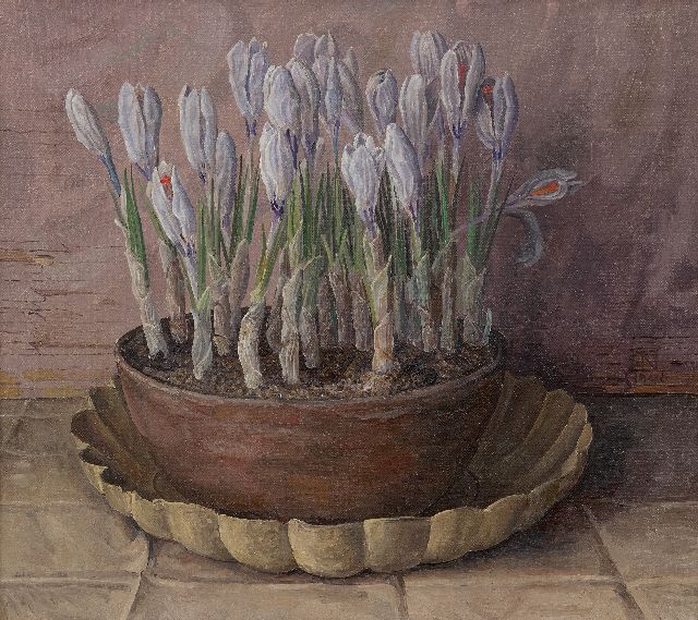 Jakob Nieweg | Pot met krokussen, olieverf op doek, 40,2 x 45,3 cm, gesigneerd r.m. met monogram en gedateerd 1948