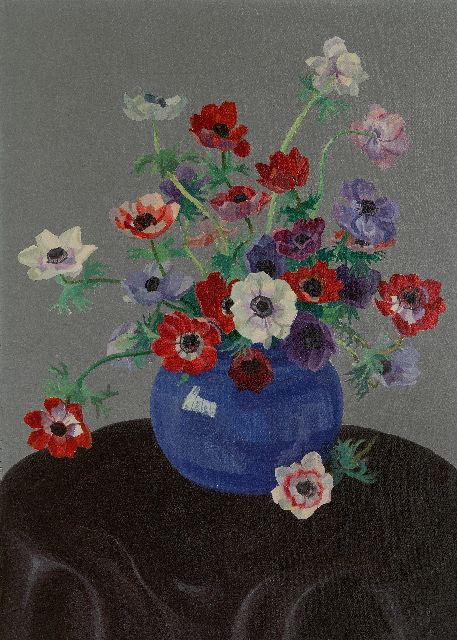 Dirk Smorenberg | Anemonen in blauwe vaas, olieverf op doek, 70,5 x 50,5 cm, gesigneerd r.o.