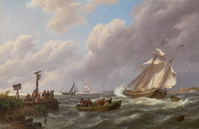 Johannes Hermanus Koekkoek | Laverende schepen bij een havenhoofd in zwaar weer, olieverf op doek, 52,7 x 80,5 cm, gesigneerd l.o. en gedateerd 1847