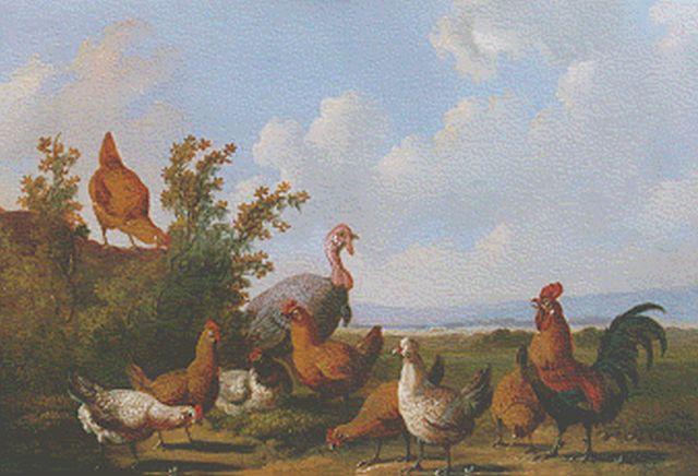 Albertus Verhoesen | Pluimvee in de weide, olieverf op paneel, 14,4 x 19,1 cm, gesigneerd l.o. en gedateerd 1880