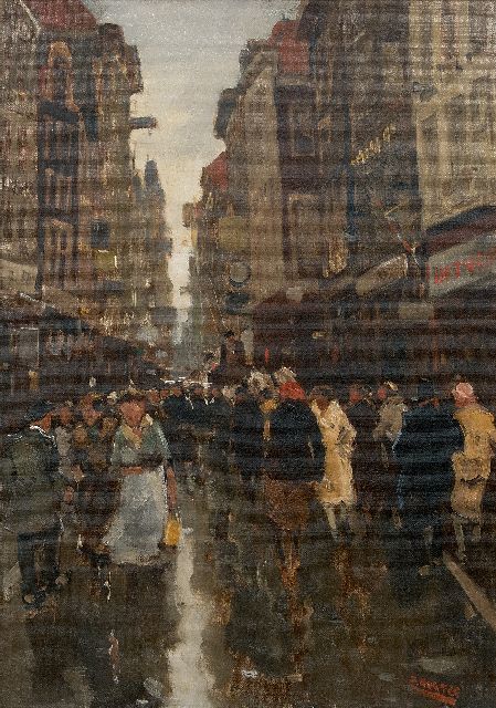 Cor Noltee | Drukbevolkte winkelstraat/Spuistraat, Den Haag, olieverf op doek, 49,7 x 33,7 cm, gesigneerd r.o.