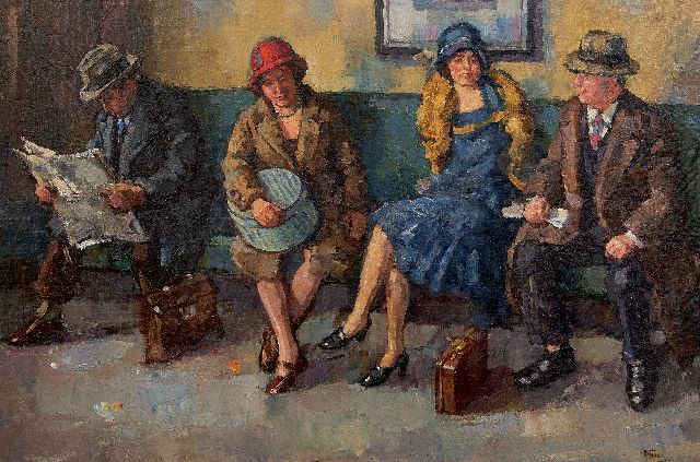 Abraham Fresco | In de stationswachtkamer, olieverf op doek op paneel, 60,9 x 90,0 cm, gesigneerd r.o.
