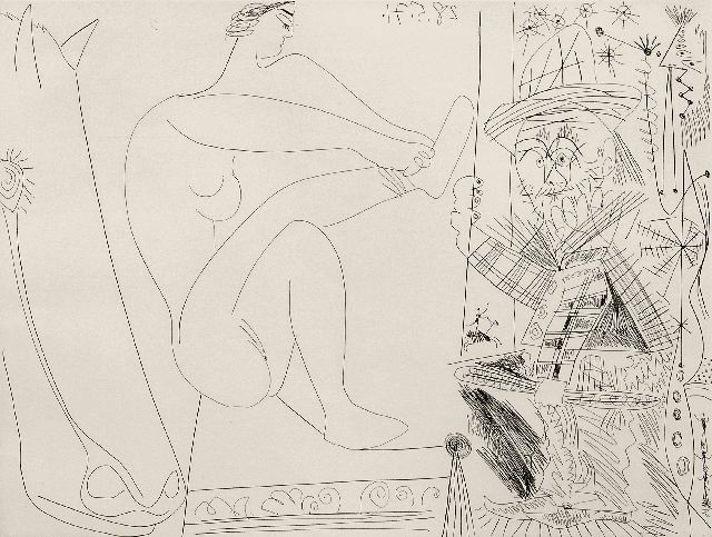 Picasso | Au cirque. Écuyère se chaussant dans les coulisses et clown au trapèze, ets op papier, 31,4 x 41,2 cm, gesigneerd r.o. met naamstempel en gedateerd 28.5.71 (in de plaat)