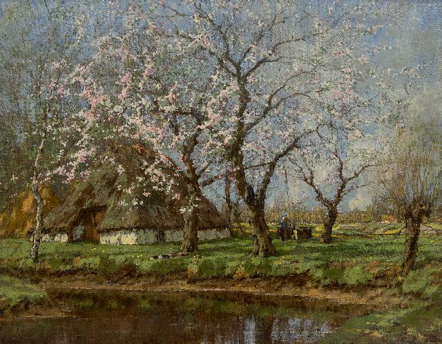 Arnold Gorter | Voorjaar bij de boerderij met boerin bij waterpomp, olieverf op doek, 62,6 x 79,4 cm, gesigneerd r.o.