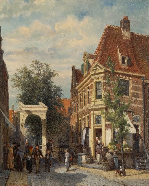Cornelis Springer | Drukbevolkt straatje 'Binnenveer' in Weesp, olieverf op paneel, 49,9 x 40,5 cm, gesigneerd l.o en gedateerd 1877