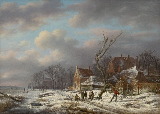 Andreas Schelfhout | Winterlandschap met houtsprokkelaars (pendant van Zomerlandschap), olieverf op paneel, 53,0 x 72,6 cm, gesigneerd r.o. (resten van signatuur) en te dateren ca. 1815