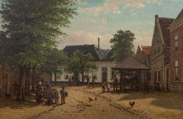 Greive J.C.  | Zonnige dorpsstraat met hoefsmid en groentenverkoper, olieverf op doek 38,4 x 58,6 cm, gesigneerd r.o.