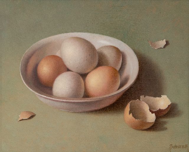 Andreas Gyula Bubarnik | Stilleven met eieren in een kom, olieverf op paneel, 24,1 x 30,1 cm, gesigneerd r.o.