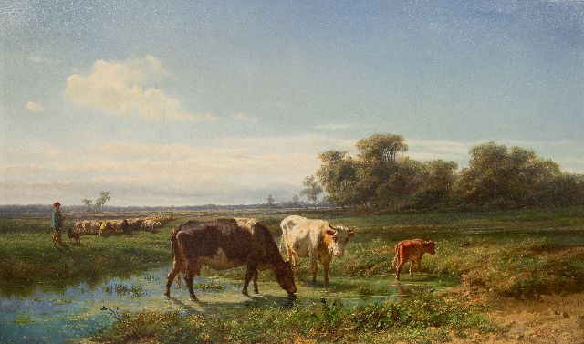 Hendrik Savrij | Weidelandschap met drinkend vee en schaapskudde, olieverf op doek, 76,6 x 128,8 cm, gesigneerd r.o.