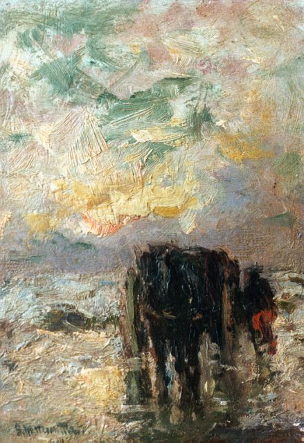Morgenstjerne Munthe | Schelpenvisser op het strand bij zonsondergang, olieverf op paneel, 16,8 x 11,9 cm, gesigneerd l.o. en gedateerd '14