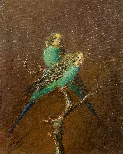 Otto Eerelman | Twee grasparkieten, olieverf op schildersboard, 30,4 x 23,7 cm, gesigneerd l.o. en zonder lijst