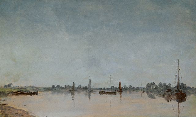 Jan Voerman sr. | IJsselgezicht met tjalken, olieverf op paneel, 31,5 x 51,9 cm, gesigneerd l.o.met initialen