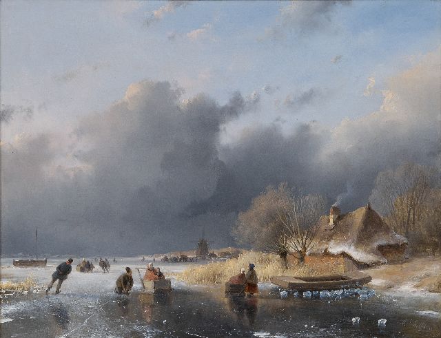 Andreas Schelfhout | IJsgezicht met sneeuwbui op komst, olieverf op paneel, 25,2 x 32,1 cm, gesigneerd r.o.