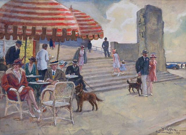 Sluiter J.W.  | Op het terras, Scheveningen, aquarel en gouache op papier 47,5 x 64,5 cm, gesigneerd r.o. en gedateerd 'Scheveningen '39'