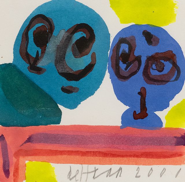 Jurjen de Haan | Twee figuren, gouache op papier, 12,0 x 12,2 cm, gesigneerd m.o. en gedateerd 2001