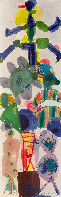 Jurjen de Haan | Totempaal, gouache op papier, 120,0 x 40,0 cm, gesigneerd r.o. en gedateerd 2002