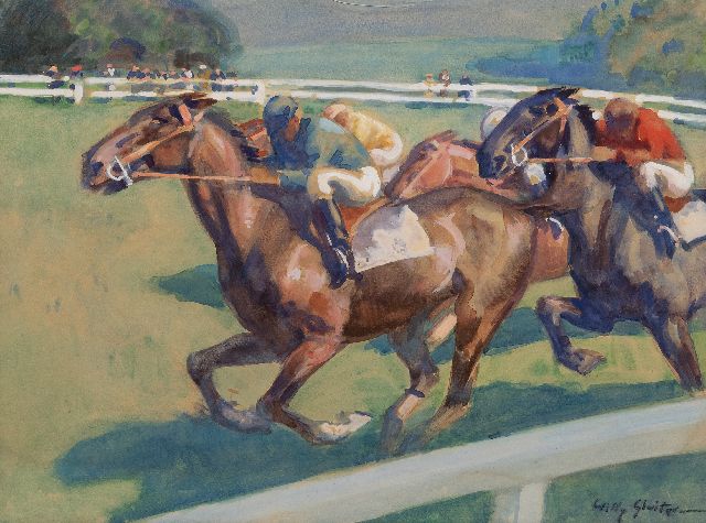 Willy Sluiter | De paardenrace, aquarel en gouache op papier, 48,4 x 64,7 cm, gesigneerd r.o.