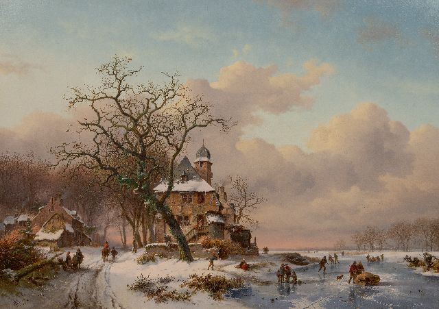 Frederik Marinus Kruseman | Winterlandschap met een landhuis en schaatsvolk op een bevroren vaart, olieverf op doek, 78,6 x 108,6 cm, gesigneerd l.o. en gedateerd 1861