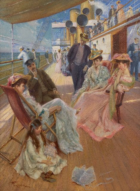 Fernand Toussaint | Elegant gezelschap aan boord van een oceaanstomer, olieverf op doek, 73,6 x 54,3 cm, gesigneerd l.o.