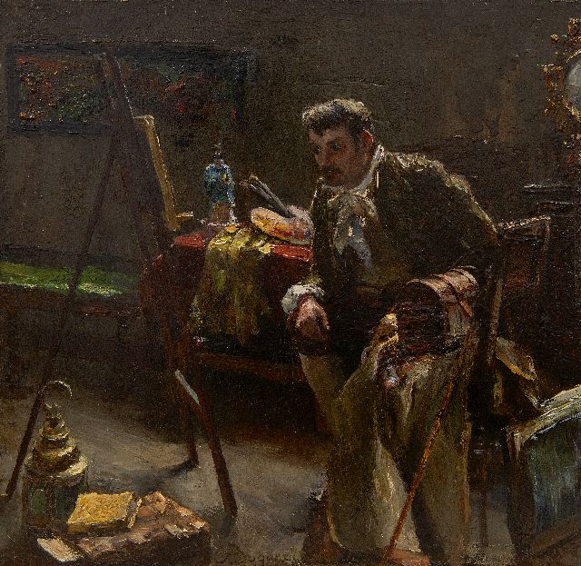 Felix Bogaerts | In het atelier, olieverf op paneel, 25,9 x 26,3 cm, gesigneerd m.o.