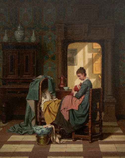 Carel Jozeph Grips | Moeder en kind in Oudhollands interieur, olieverf op paneel, 38,1 x 29,8 cm, gesigneerd r.o. en gedateerd 1875
