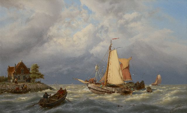 Jan H.B. Koekkoek | Zeilschepen bij de kust op woelige zee, olieverf op doek, 83,0 x 132,2 cm, gesigneerd r.o.