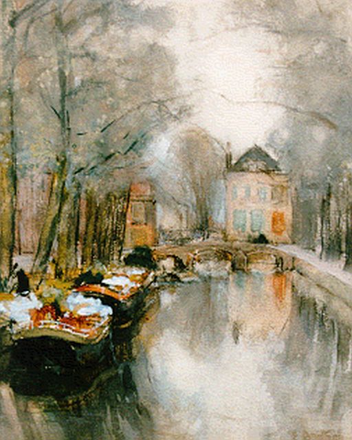 Floris Arntzenius | Het Smitswater  met bloemschuiten in Den Haag, aquarel op papier, 22,0 x 17,0 cm, gesigneerd r.o.
